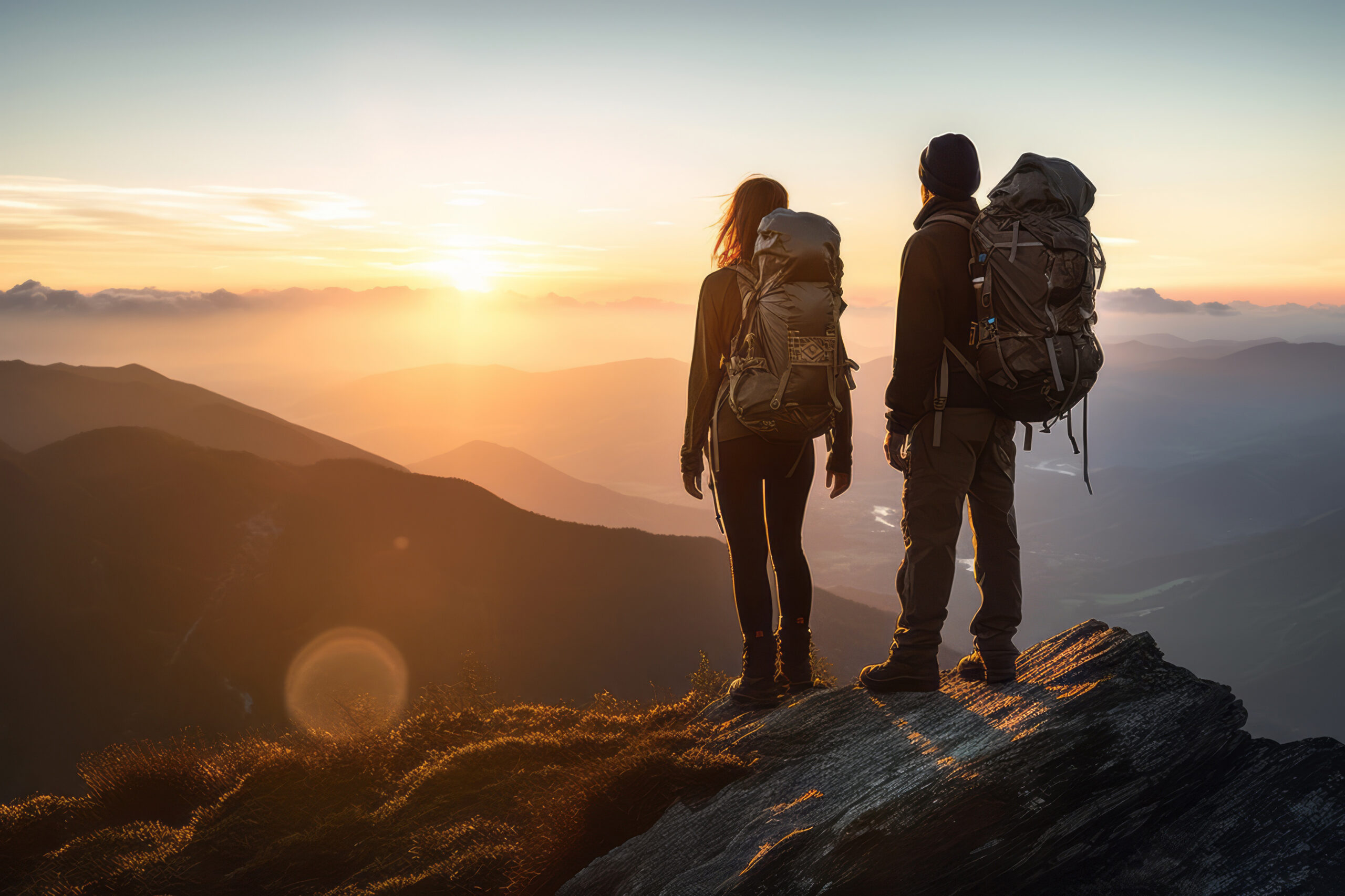 Couple of man and woman hikers on top of a mountain at sunset or sunrise, together enjoying their climbing success and the breathtaking view, looking towards the horizon